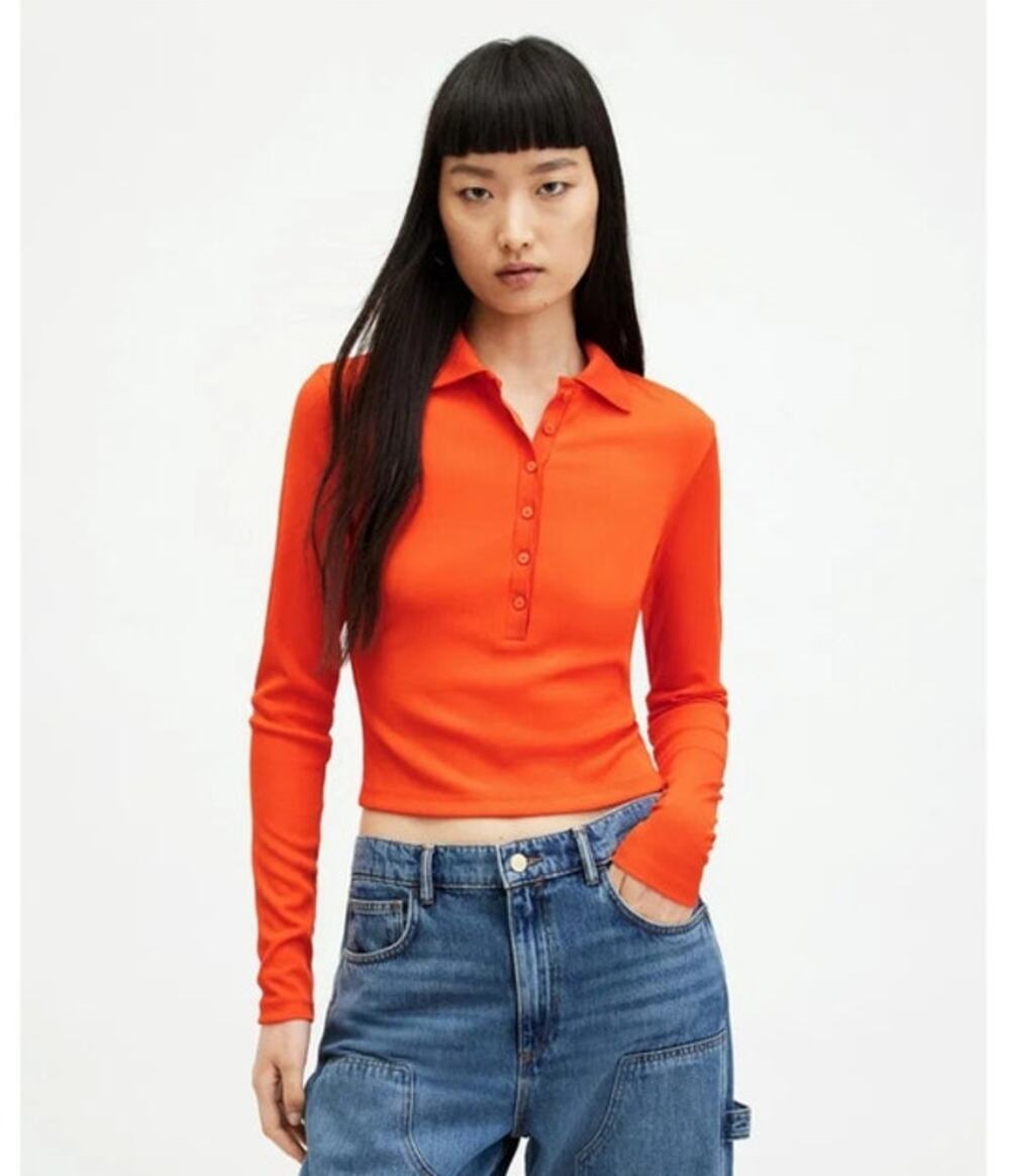 AllSaints Hallie Long Sleeve Ribbed Polo Shirt, Size 4